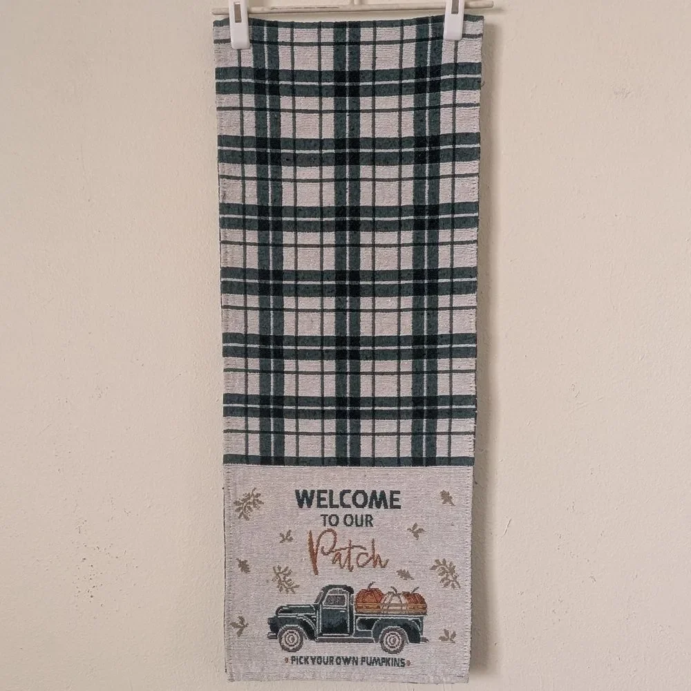 Fall Table Runner Green Plaid, Pumpkin Patch Pickup Truck, 12.75